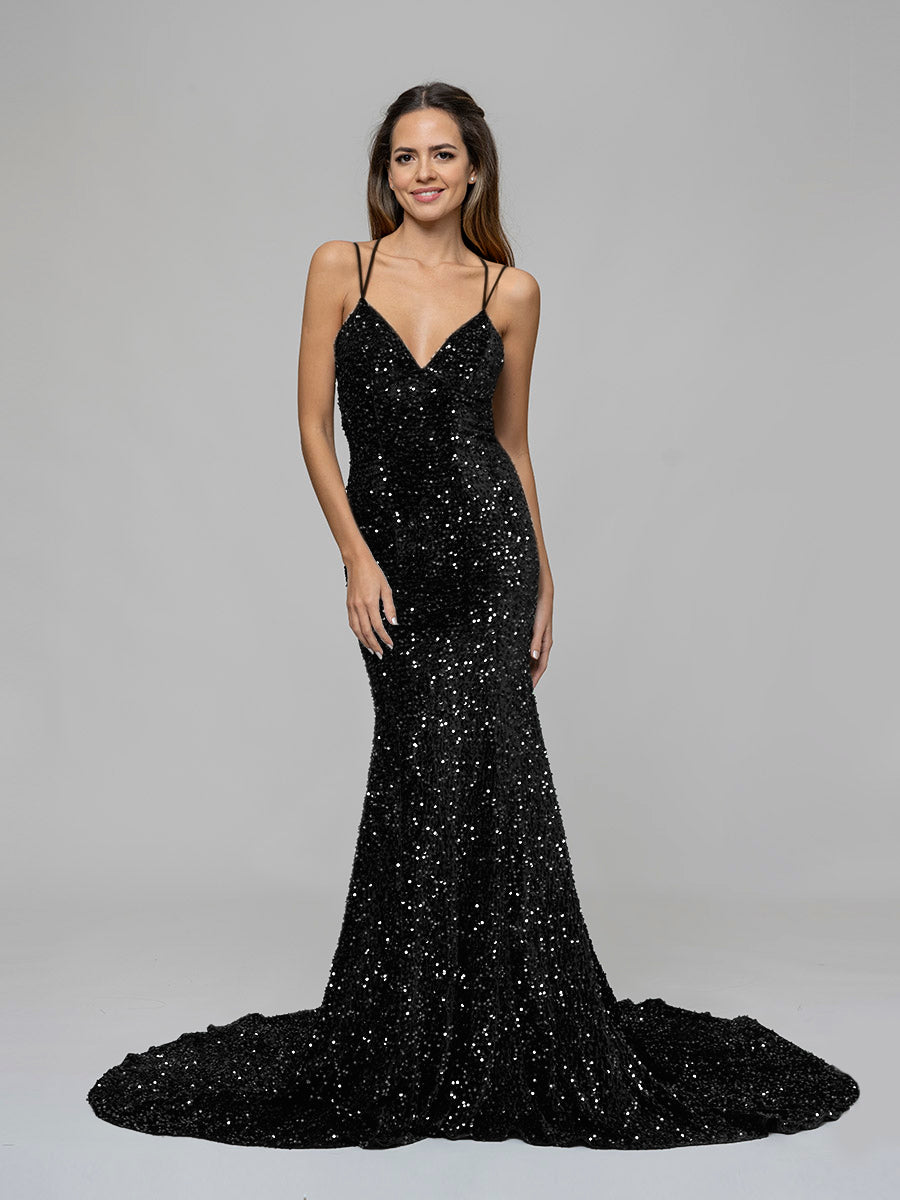 Sexy Backless Long Mermaid Black Sequin Prom Dresses, PD0827 – SofieBridal